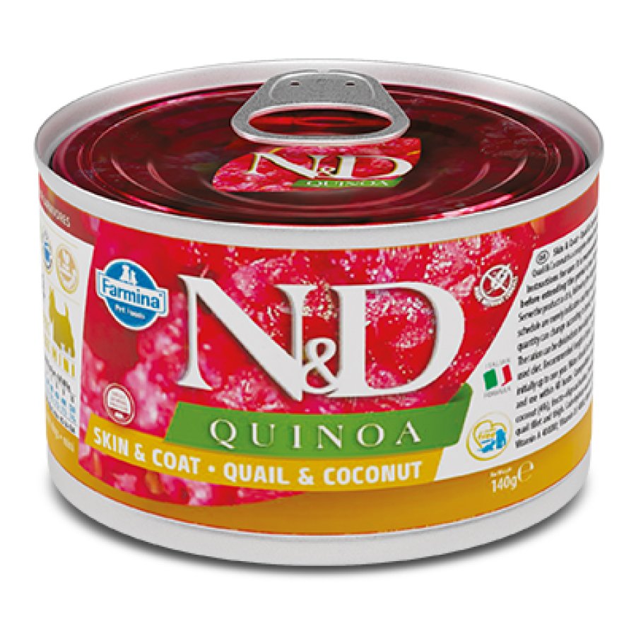 FARMINA N&D QUINOA CANE SKIN & COAT MINI ADULT QUAGLIA COCCO 140GR (lattina)
