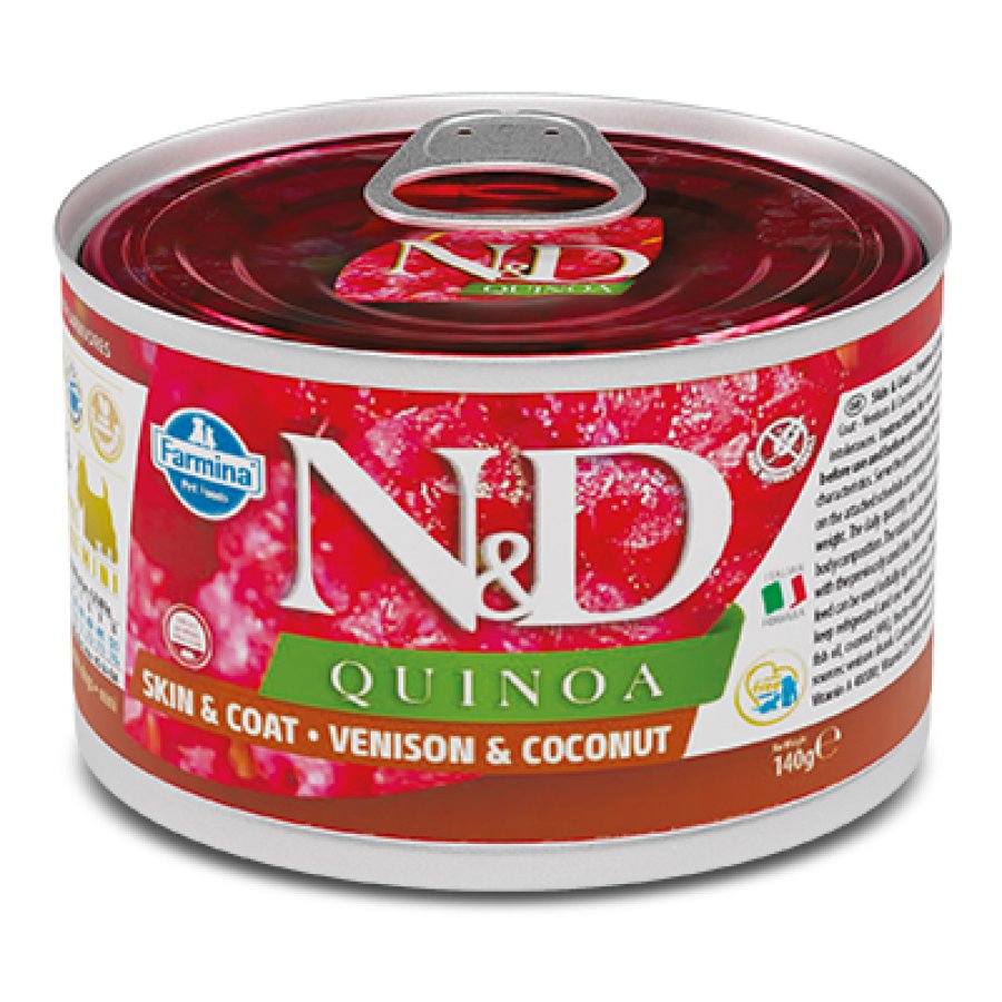 FARMINA N&D QUINOA CANE SKIN & COAT MINI ADULT CERVO COCCO 140GR (lattina)