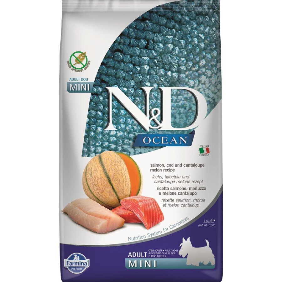 FARMINA N&D OCEAN CANE MINI ADULT SALMONE MERLUZZO MELONE 800GR