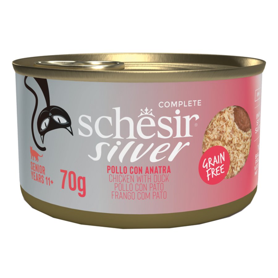 SCHESIR GATTO SILVER GRAIN FREE SENIOR POLLO ANATRA 70GR (lattina)