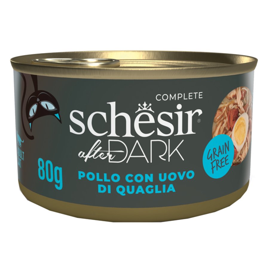 SCHESIR GATTO AFTER DARK GRAIN FREE IN BRODO ADULT POLLO UOVA DI QUAGLIA 80GR (lattina)