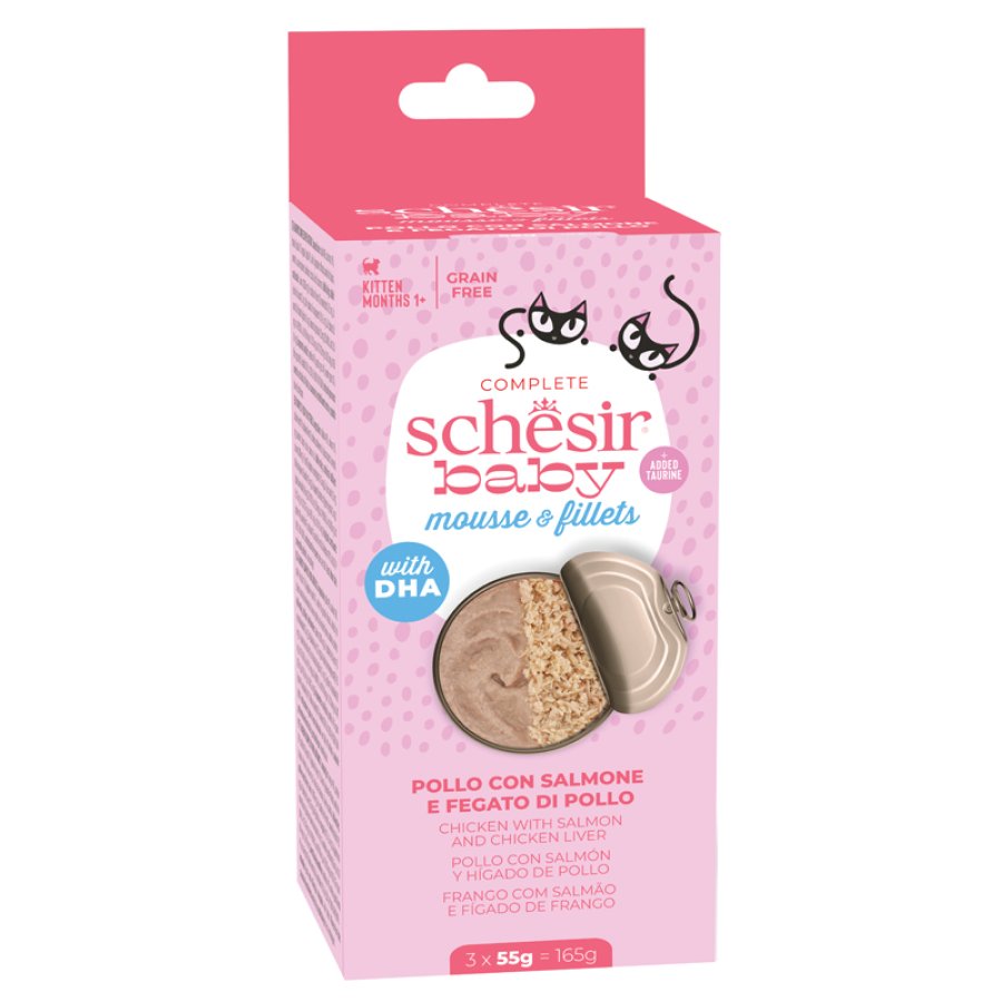 SCHESIR GATTO BABY MOUSSE & FILLETS GRAIN FREE KITTEN POLLO SALMONE FEGATO 3x55GR (lattina)