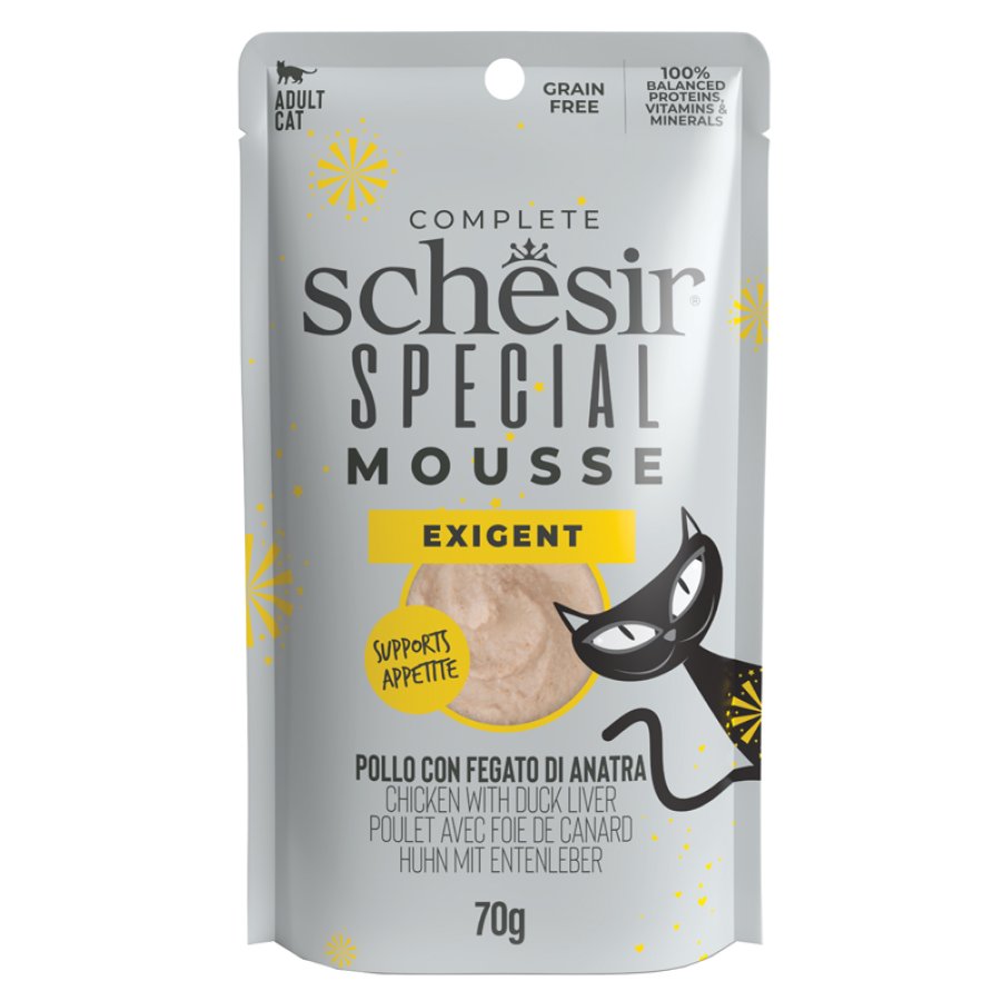 SCHESIR GATTO SPECIAL MOUSSE EXIGENT ADULT POLLO FEGATO DI ANATRA 70GR (bustina)