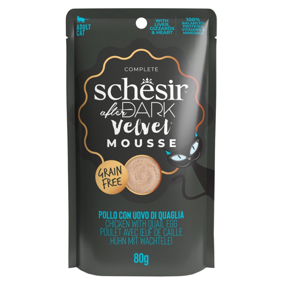SCHESIR GATTO DARK VELVET MOUSSE POLLO UOVO DI QUAGLIA 80GR (bustina)