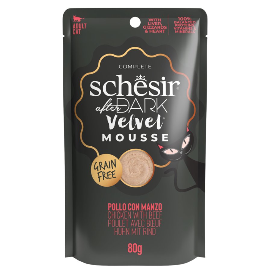 SCHESIR GATTO DARK VELVET MOUSSE ADULT POLLO MANZO 80GR (bustina)