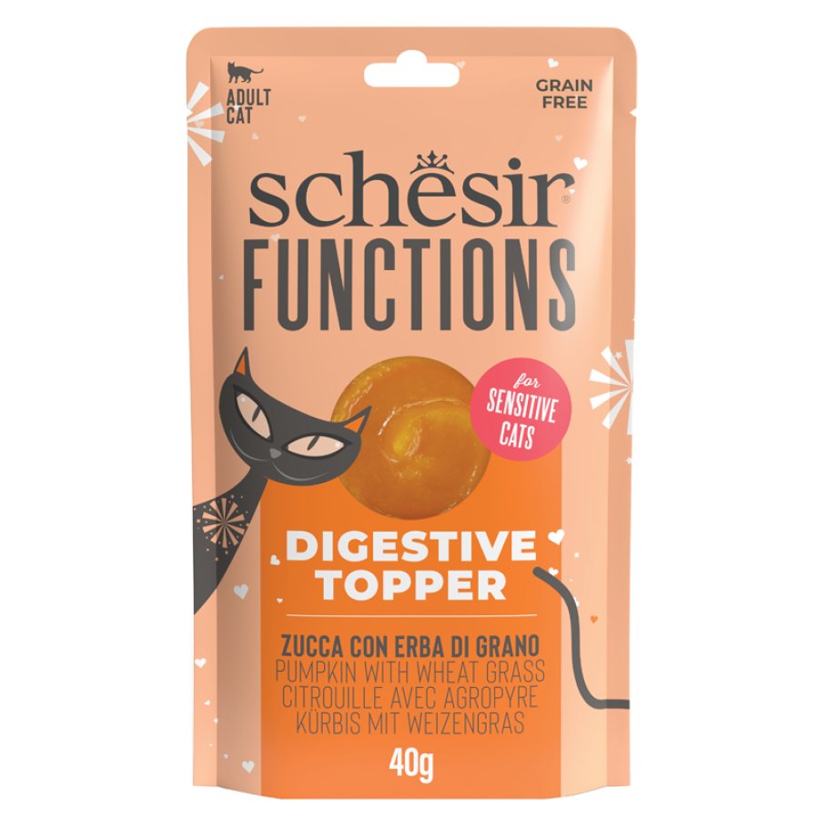 SCHESIR GATTO FUNCTIONS DIGESTIVE TOPPER GRAIN FREE SENSITIVE ADULT ZUCCA 40GR (bustina)