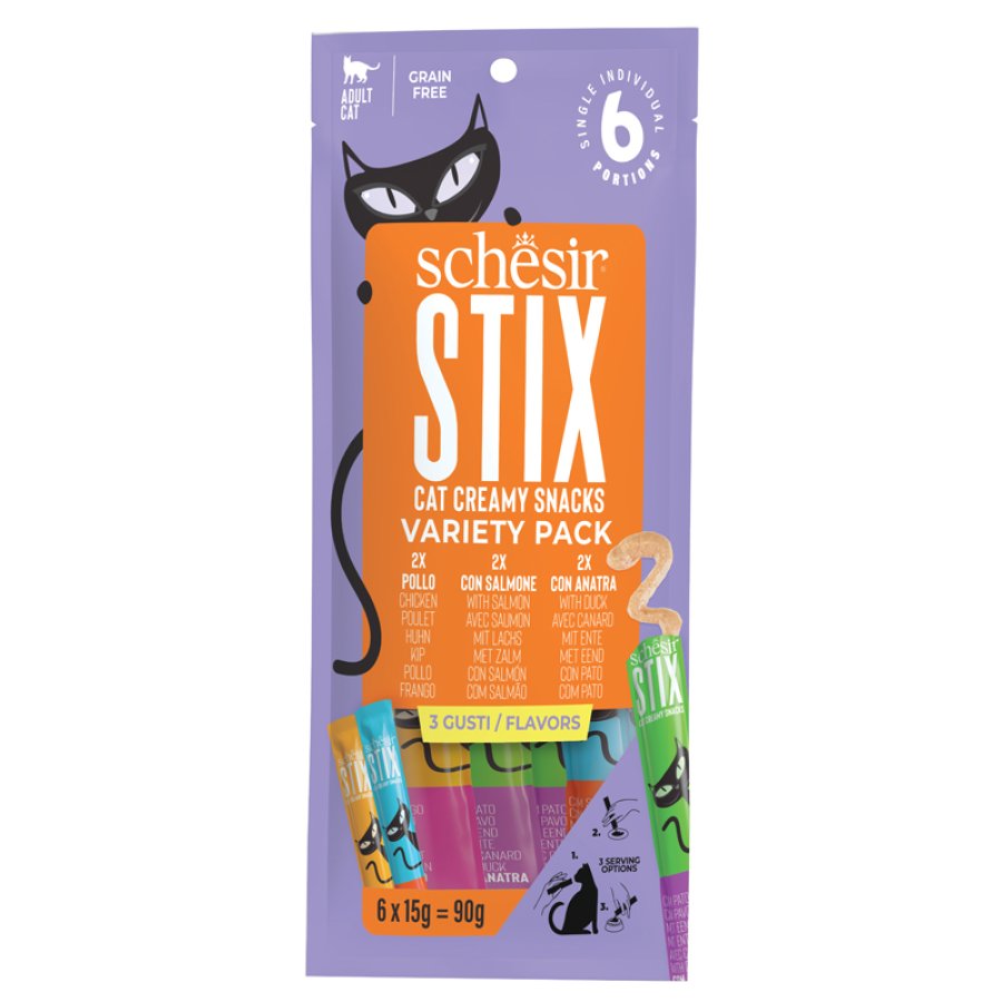 SCHESIR GATTO SNACK STIX CREAMY POLLO/SALMONE/ANATRA 6PZ 15GR