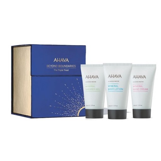 Ahava The Triple Treat Cofanetto Gel Doccia + Crema Corpo + Crema Mani, 3 x 40ml – Idratazione e Cura della Pelle Minerale