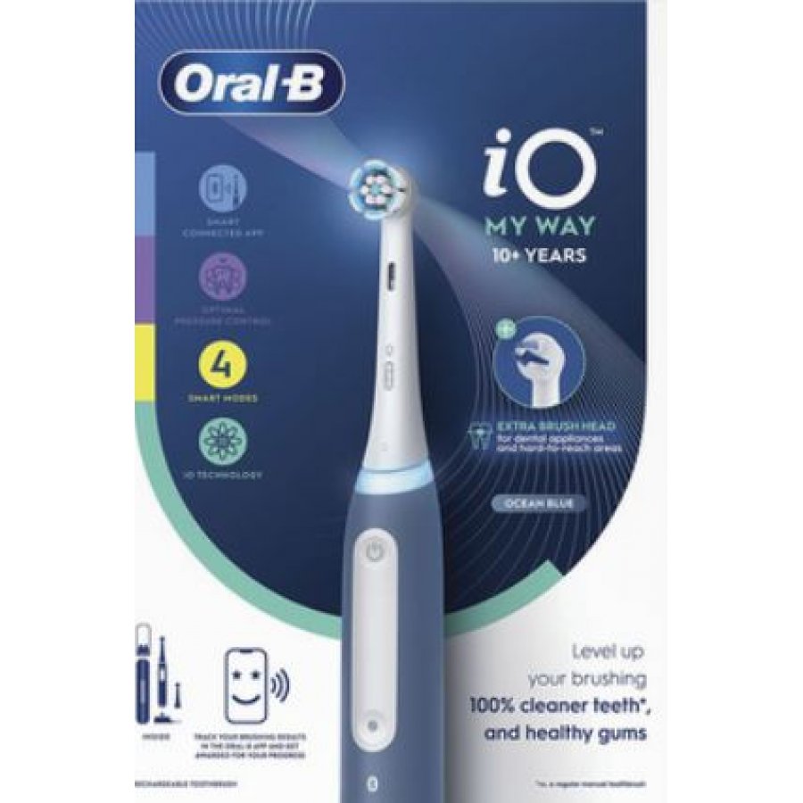 Oral-B iO My Way Spazzolino Elettrico Ricaricabile 10 Anni+, 1 Spazzolino Blu con 2 Testine, Tecnologia iO, Per Adolescenti