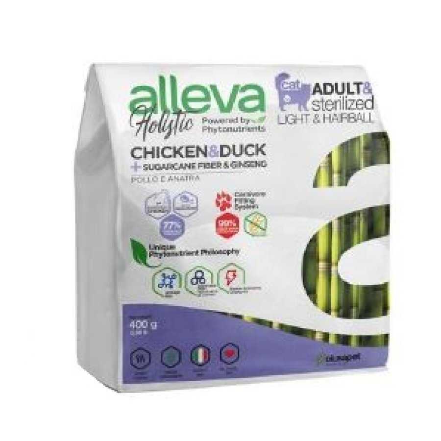 ALLEVA HOLISTIC CAT ADULT & STERILIZED LIGHT & HAIRBALL CHICKEN & DUCK + SUGARCANE FIBER & GINSENG KG 0,400 - P00271H