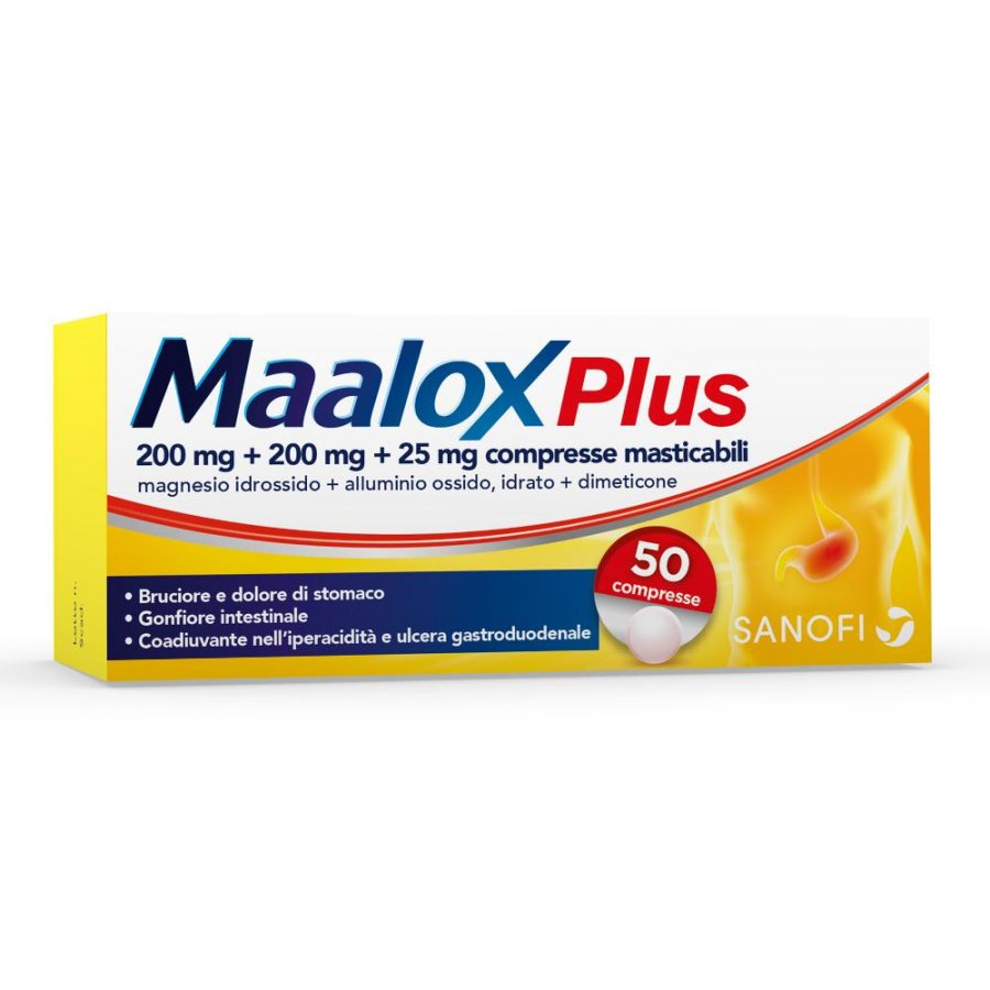 Maalox Plus 50 Compresse Masticabili - Bruciore di Stomaco, Iperacidità e Digestione Ottimale