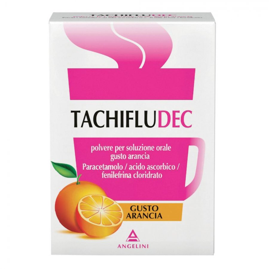 Tachifludec 10 Buste Gusto Arancia - Soluzione Orale per il Raffreddore con Paracetamolo, Acido Ascorbico e Fenilefrina