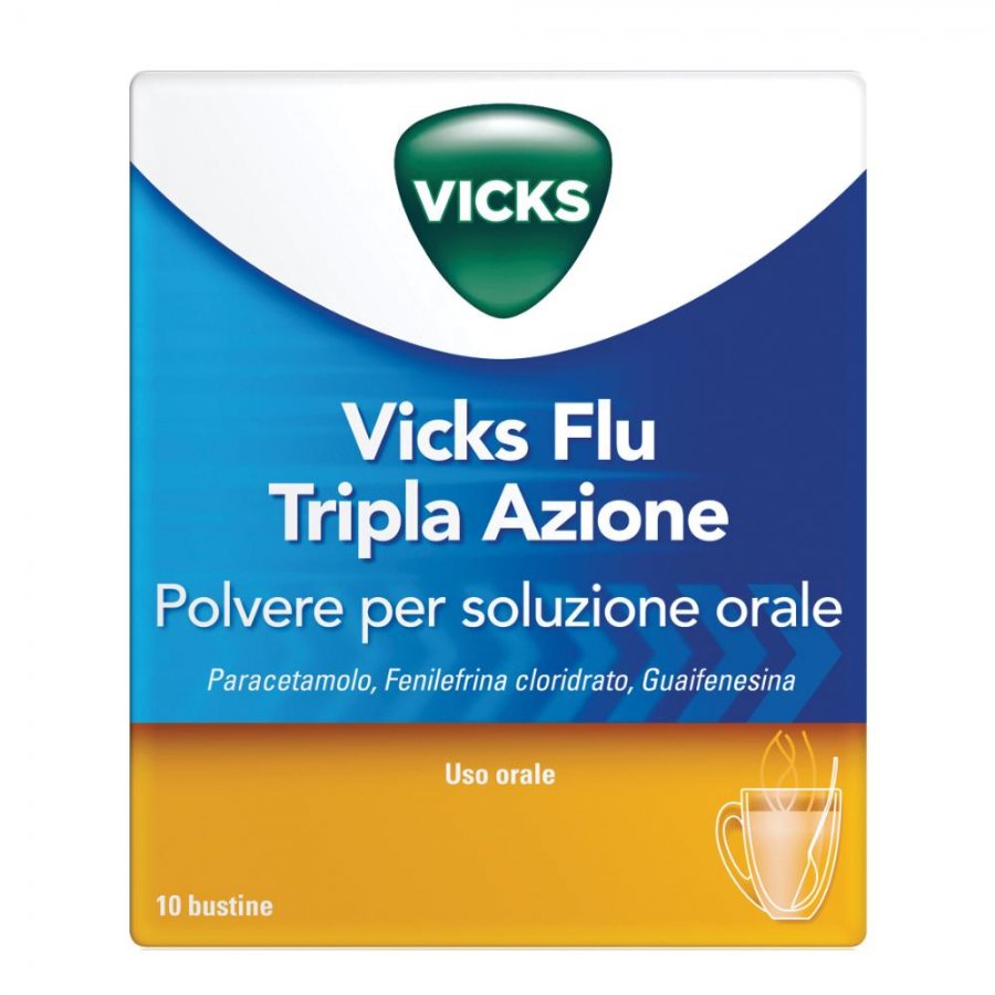 Vicks Flu - Tripla Azione Polvere con Paracetamolo per l'Influenza - 10 Buste di Sollievo Rapido
