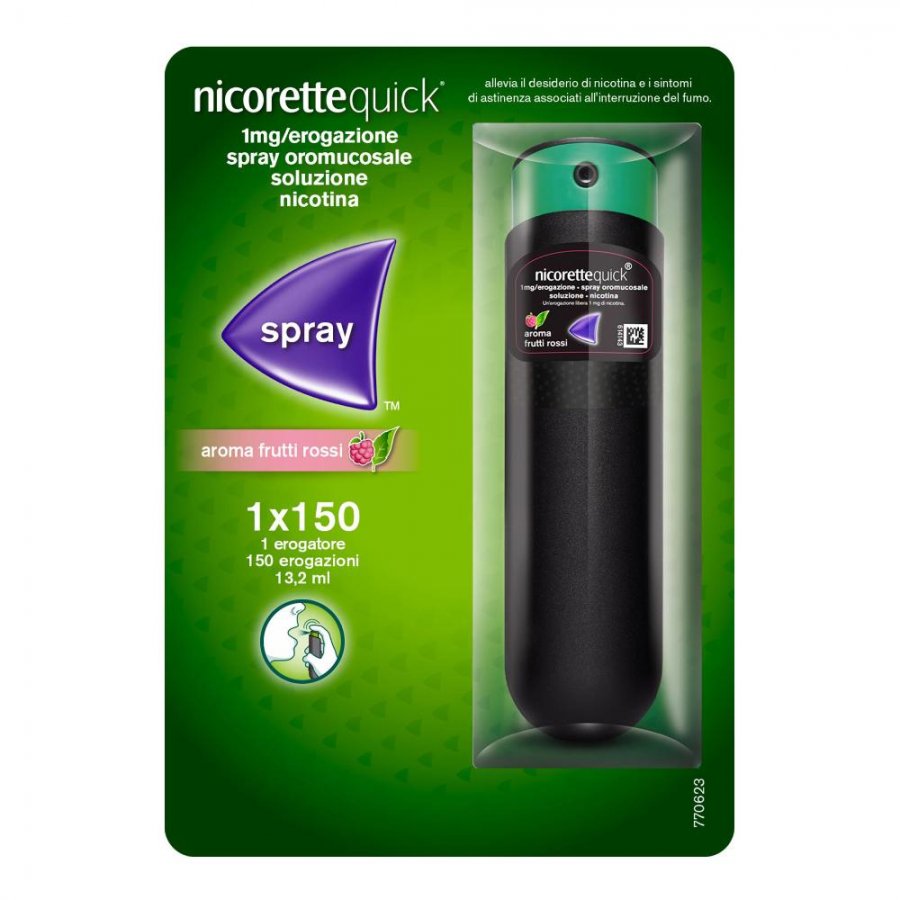 NicoretteQuick Spray 1 Flaconcino 150 Dosi Soluzione Oromucosale 1mg/Erogazione Frutti Rossi - Trattamento per la dipendenza da nicotina
