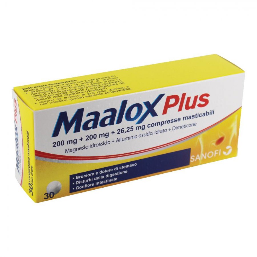 Maalox Plus 30 Compresse Masticabili 200mg+200mg+25mg - Antiacido e Antimeteorico per Dispepsie da Iperacidità Gastrica