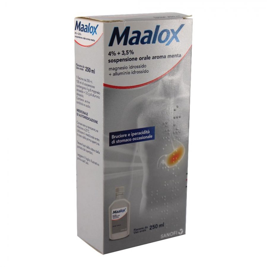 Maalox 4% + 3,5% Sospensione Orale Aroma Menta 250ml - Trattamento per il Bruciore di Stomaco