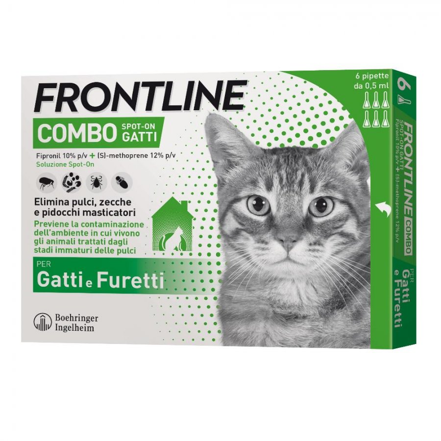 Frontline Combo Spot-On per Gatti e Furetti - 6 Pipette da 0,5ml, Protezione Duratura contro Zecche e Pulci