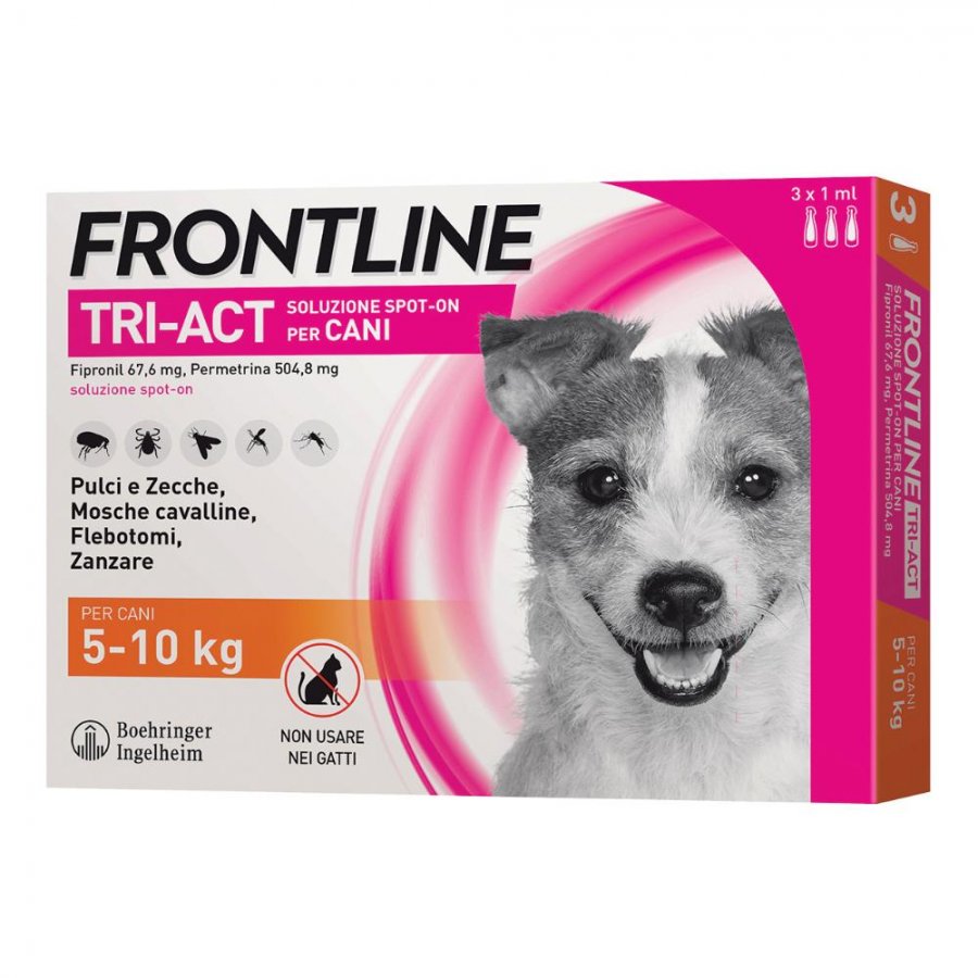 Frontline Tri-Act Antiparassitario per Cani - 3 Pipette da 1ml, 5-10Kg, Protezione Completa contro Zecche, Pulci e Zanzare