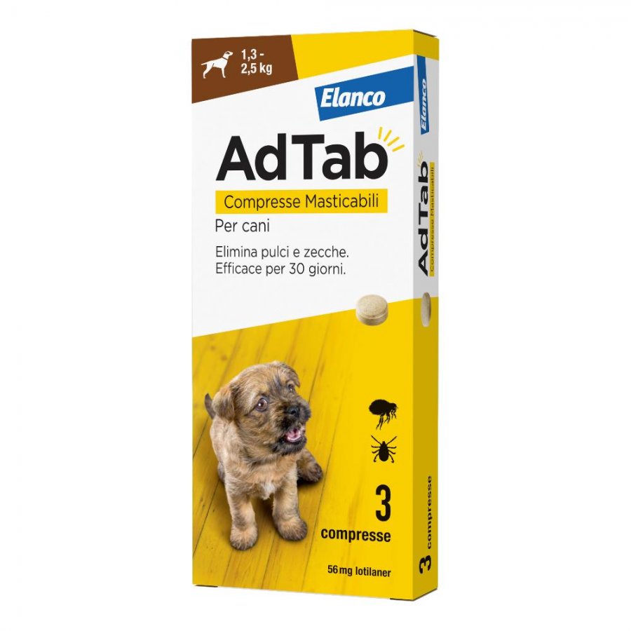 Adtab Per Cani Da 1,3 A 2,5kg, Elanco, 3 Compresse Masticabili 56mg - Ectoparassiticida per Uso Sistemico