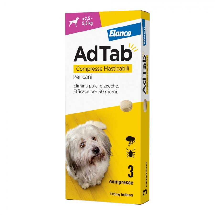 Adtab per Cani da 2,5 a 5,5 kg 3 Compresse Masticabili 112mg - Ectoparassiticida per Pulci e Zecche