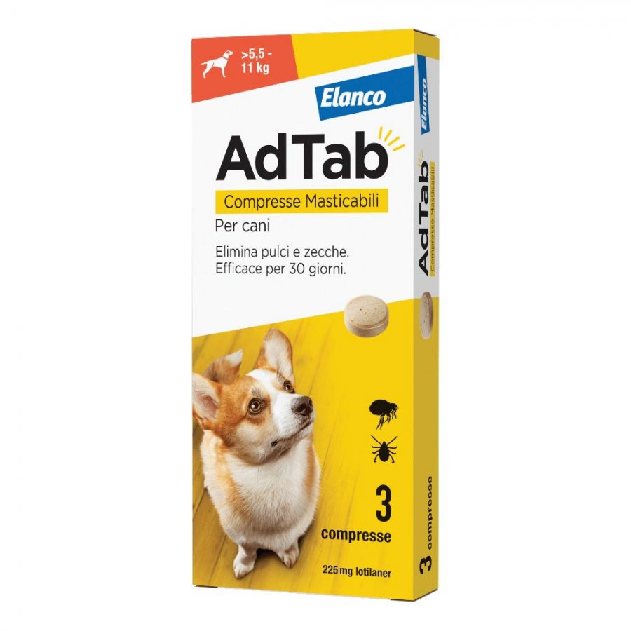 Adtab Per Cani da 5,5 a 11 kg - 3 Compresse Masticabili 225 mg - Ectoparassiticida per Uso Sistemico