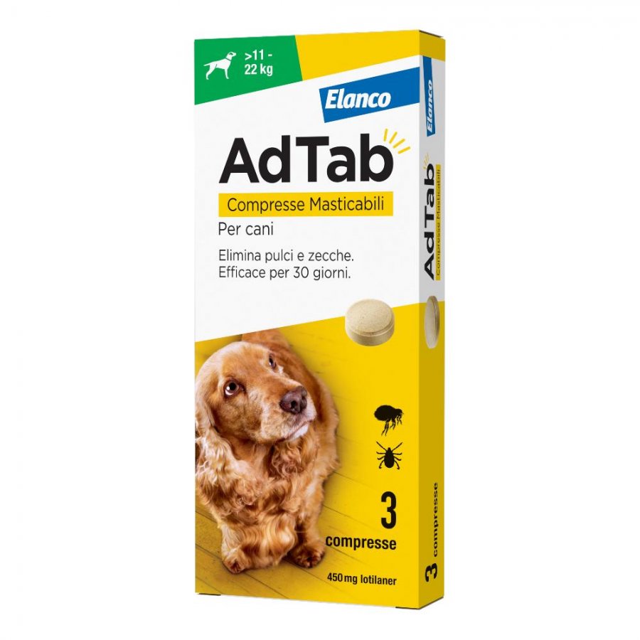 Adtab per Cani da 11 a 22 kg - 3 Compresse Masticabili 450 mg | Ectoparassiticida ad Azione Sistemica