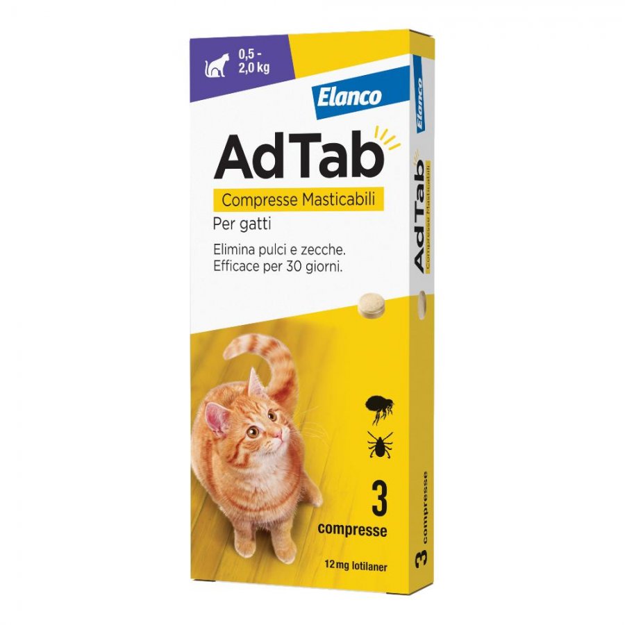 Adtab Per Gatti Da 0,5 a 2 kg - 3 Compresse Masticabili 12 mg - Ectoparassiticidi per uso sistemico