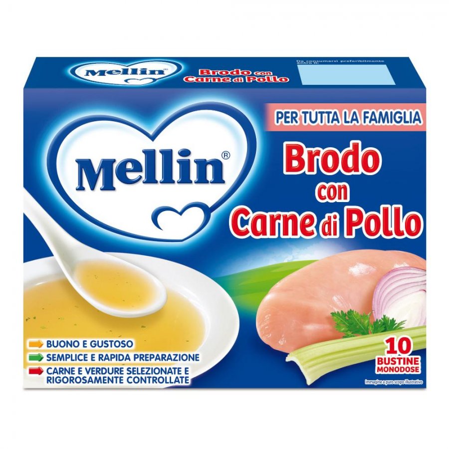 Mellin Brodo con Carne di Pollo 10 Bustine Monodose - Alimento Istantaneo per Tutte le Età
