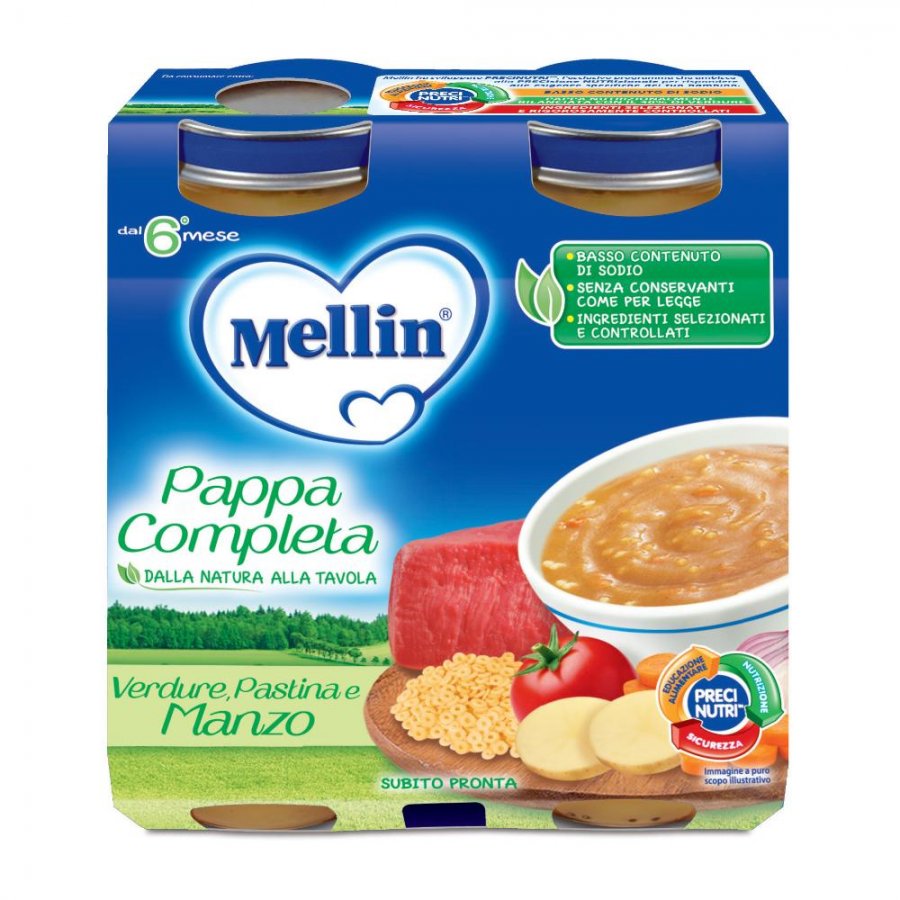 Mellin Pappa Completa Manzo 2x250g - Alimento per Bambini con Verdure, Pastina e Manzo