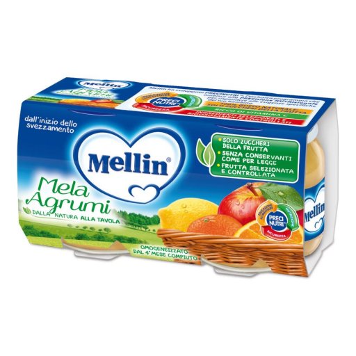 Mellin Omogeneizzato Mela Agrumi 2x100g - Alimento per Bambini, Senza Glutine