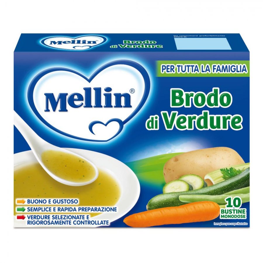 Mellin Brodo di Verdure 10 Bustine Monodose - Alimento Istantaneo per Tutte le Età