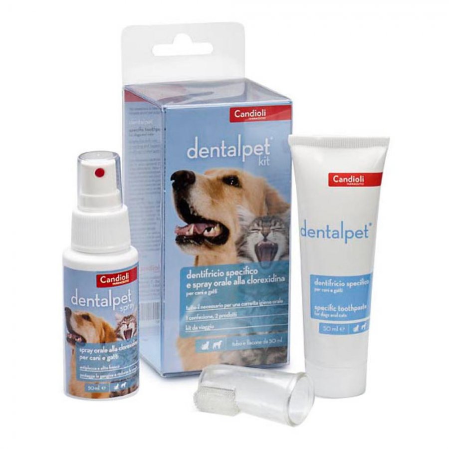 DentalPet Kit Dentifricio 50ml + Spray 50ml + Ditale per Cani e Gatti - Igiene Orale Completa