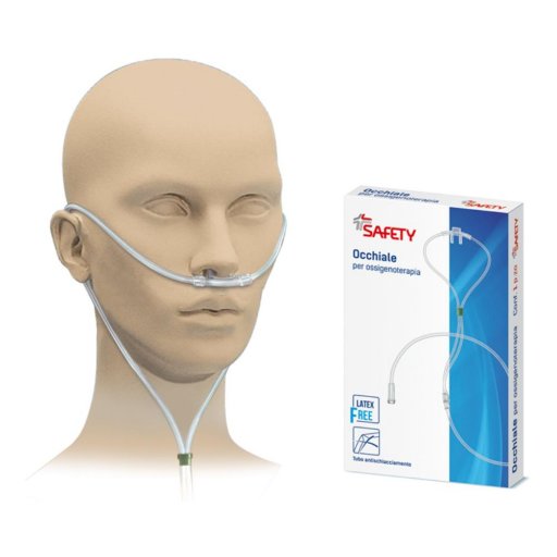 Safety Occhiale Ossigenoterapia - Dispositivo Medico CE, Cannula Nasale, Tubo Antischiacciamento 210cm