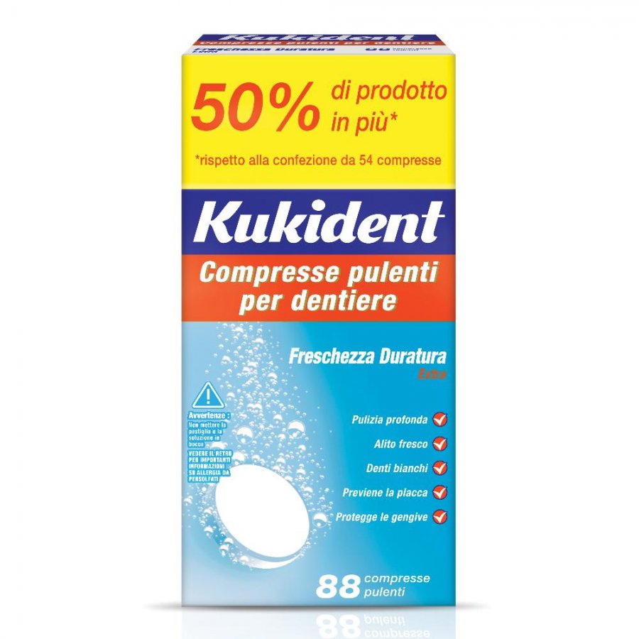 Kukident - Freschezza Duratura Extra 88 Compresse Pulenti per Dentiere - Igiene e Comfort Ottimali