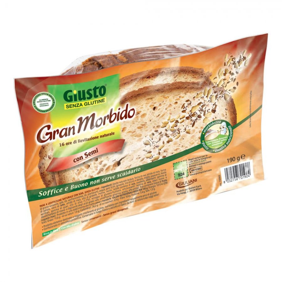 Giusto Senza Glutine Gran Morbido Semi 190g - Pane Casereccio con Semi di Girasole, Lino e Papavero