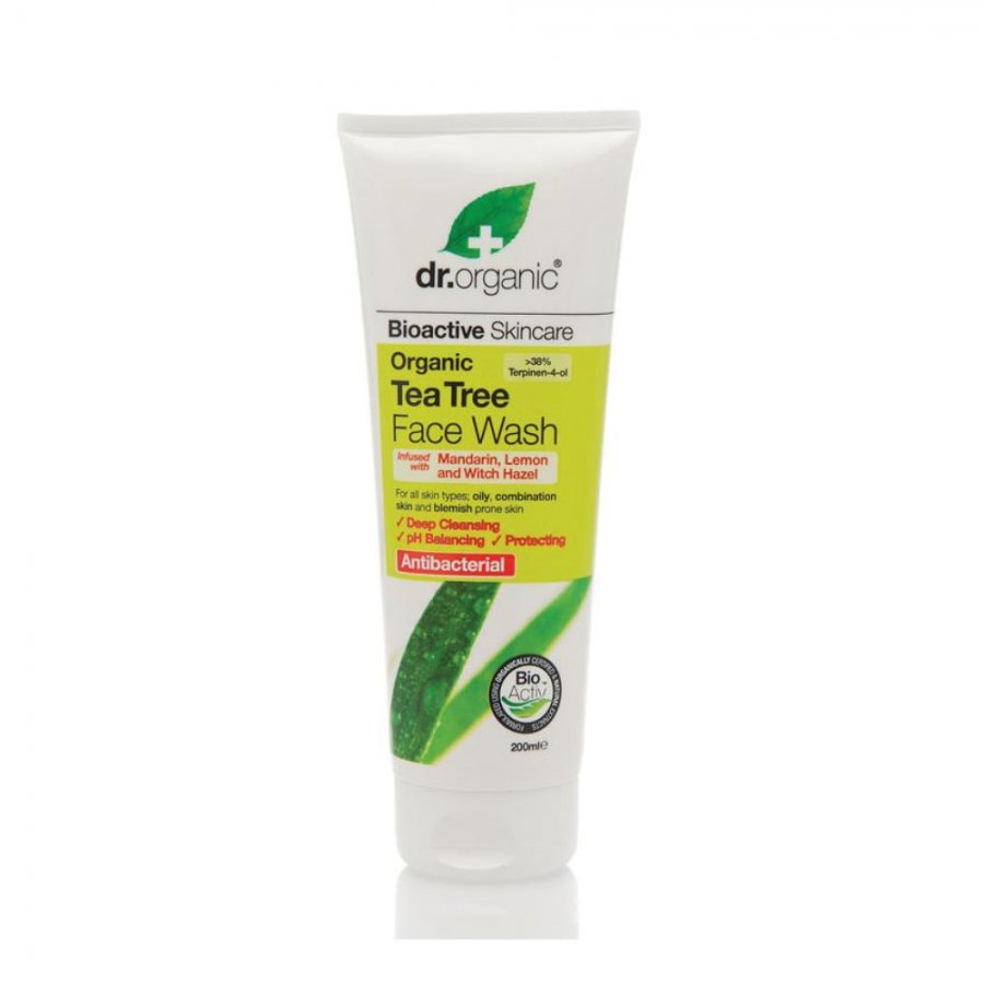 Dr Organic Tea Tree Face Wash 200 ml - Detergente Viso Antisettico per la Pelle Afflitta da Acne e Punti Neri