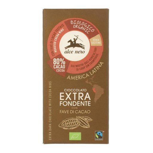 Alce Nero, Cioccolato Extra Fondente 80% con Fave di Cacao Biologico, 100g