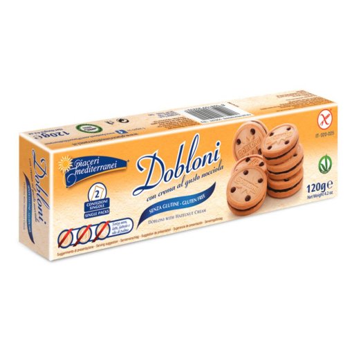 Piaceri Mediterranei Dobloni Con Crema Nocciola 120g - Biscotti Ripieni di Crema Senza Latte