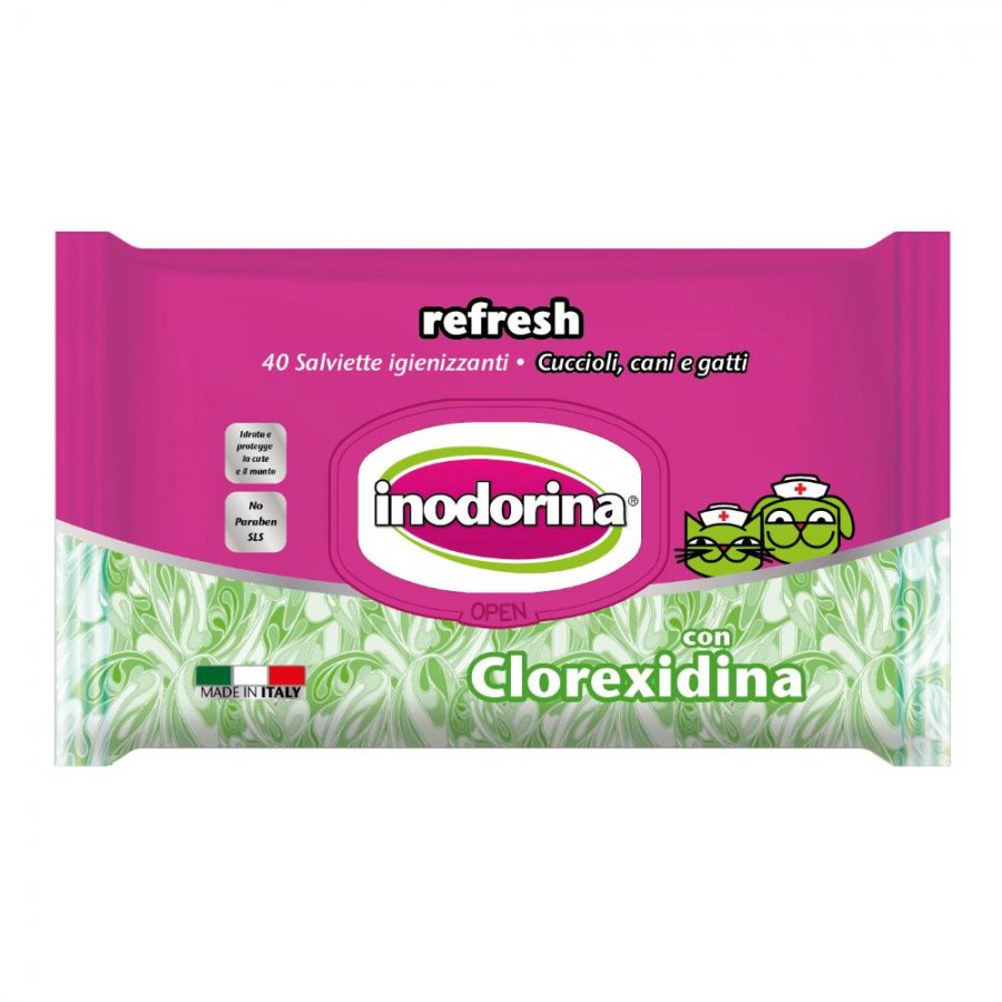 Inodorina Refresh Salviette Detergenti alla Clorexidina per Animali 40 Pezzi - Pulizia Efficace per Cani e Gatti