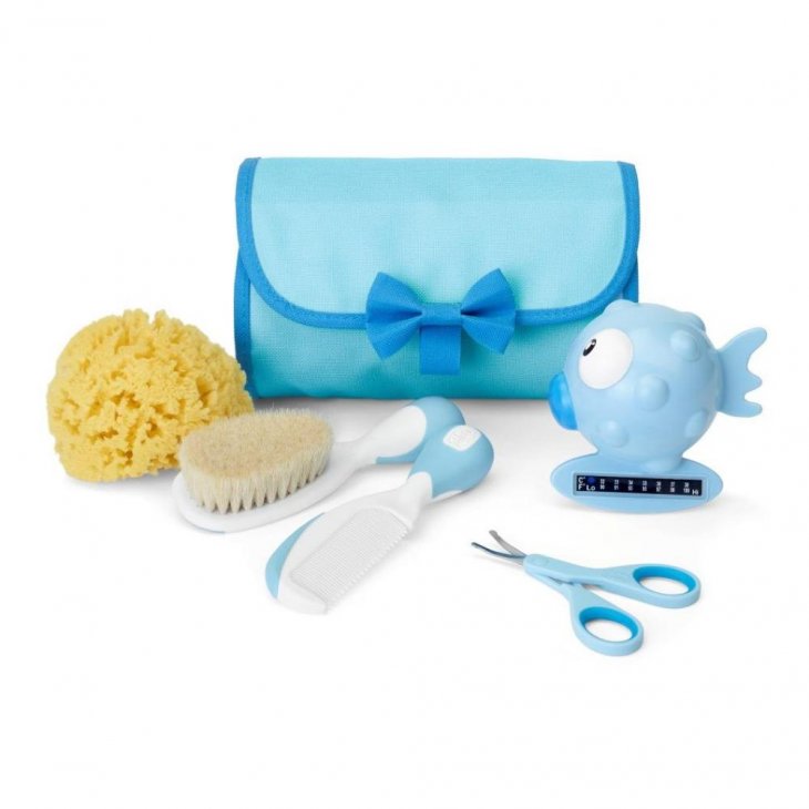 Chicco Set Igiene Borsa Bagno Azzurro Spugna + Forbicine + Spazzola + Pettine - Completo Kit per l'Igiene del Bambino