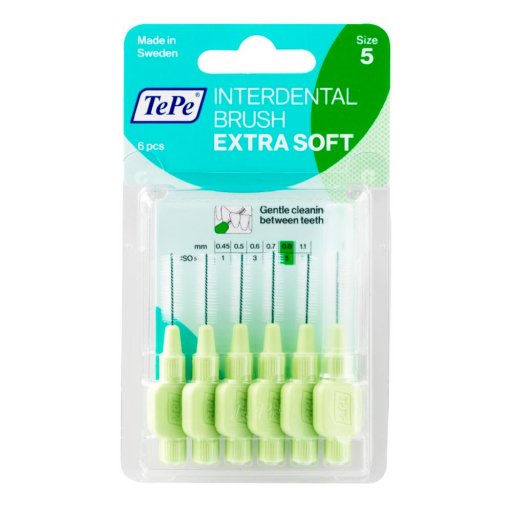TePe Scovolino XSoft Verde 0,8mm, Scovolino Interdentale 6 Pezzi, Pulizia Efficace e Sicura