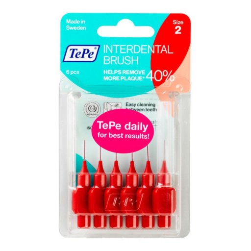 TePe Scovolino Interdentale Original Rosso ISO 2, 0,5mm, 6 Pezzi, Igiene Orale, Rimozione Placca Efficace