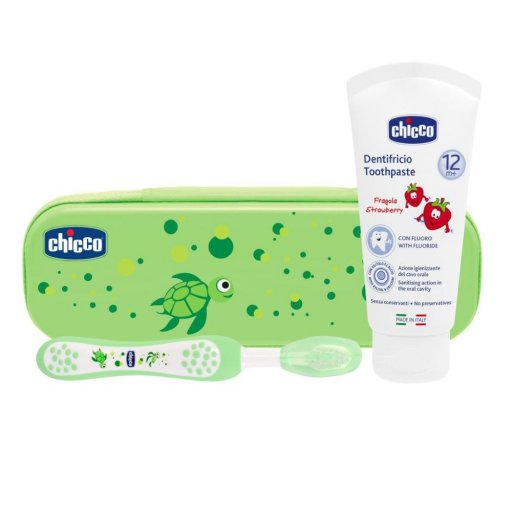 Chicco Set Dentale Verde Fluoro - Set Primi Dentini 12m+ con Spazzolino da Denti e Dentifricio Fragola