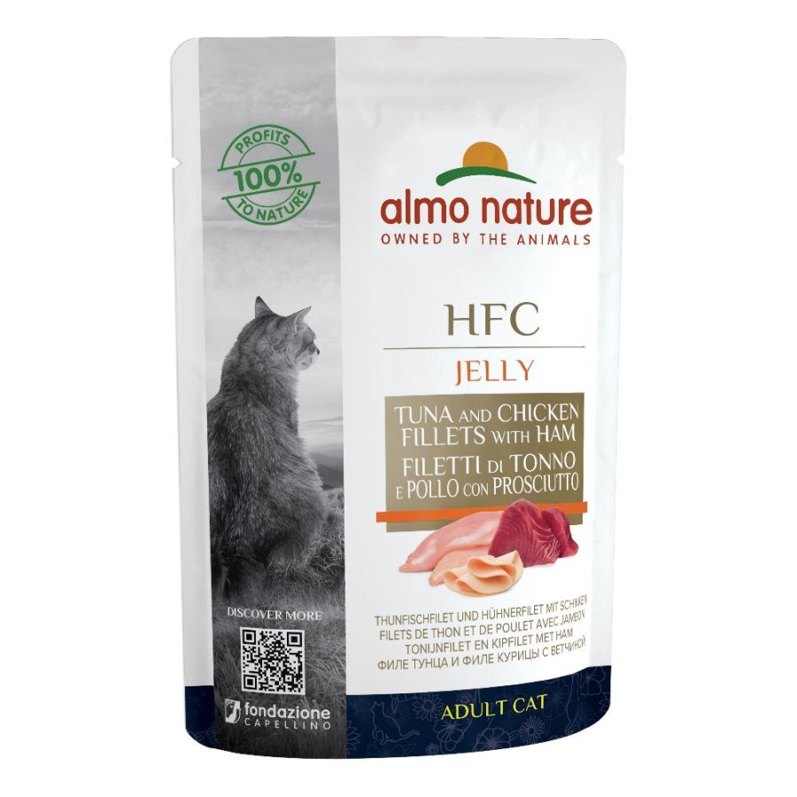 ALMO NATURE GATTO HFC JELLY ADULT TONNO POLLO PROSCIUTTO 55GR (bustina)