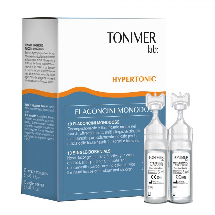 Tonimer Lab Hypertonic - 18 Flaconcini Monodose da 5ml - Soluzione Ipertonica per Decongestionare le Fosse Nasali