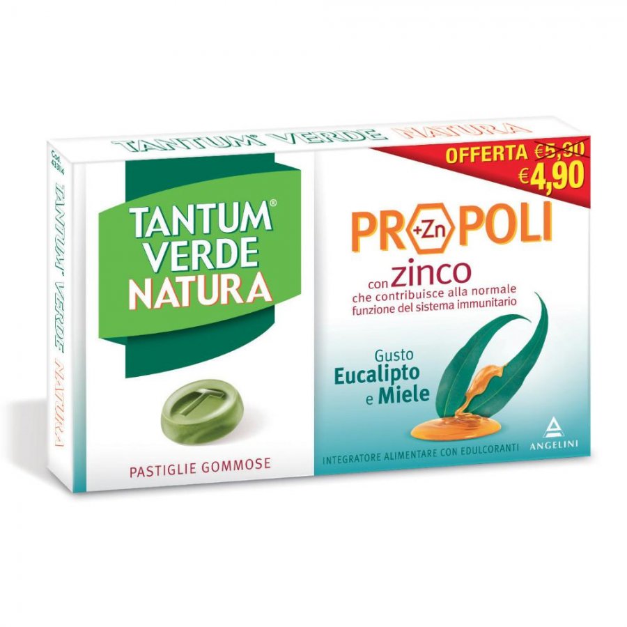 Angelini Tantum Verde Natura Propoli con Zinco - 15 Pastiglie Gommose Gusto Eucalipto e Miele