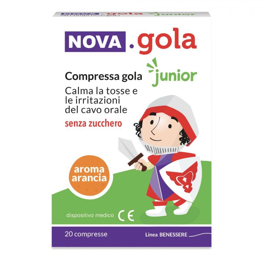 Nova Gola Junior 20 Compresse Senza Zucchero Gusto Arancia - Sollievo Dolce per la Gola dei Bambini