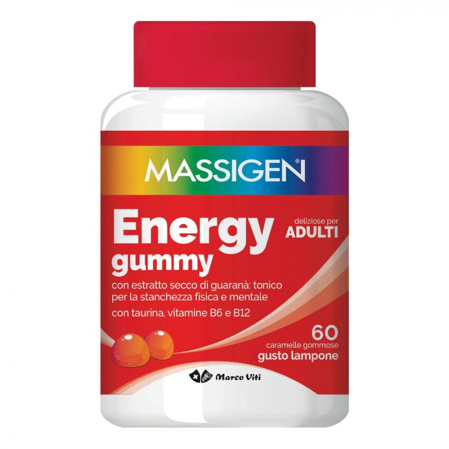 Massigen Energy Gummy 60 Caramelle Gommose - Caramelle Energetiche con Guaranà e Vitamine B6 e B12, Gusto Lampone