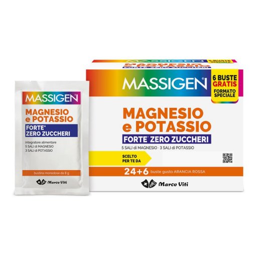 Massigen Magnesio Potassio Forte Zero Zuccheri 24+6 Bustine Gusto Arancia Rossa - Integratore Alimentare