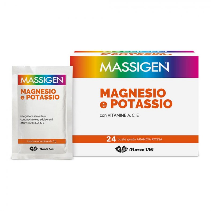 Massigen Magnesio e Potassio 24 Bustine Gusto Arancia Rossa - Integratore per la Salute Cardiovascolare